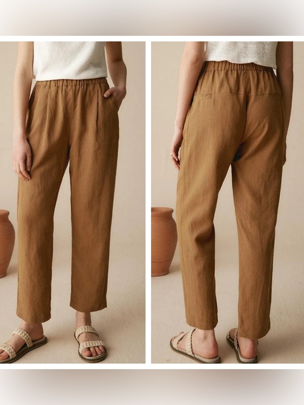 NWT Lintico 100% linen tapered pull on pants tan brown sz XXL coastal minimalist
